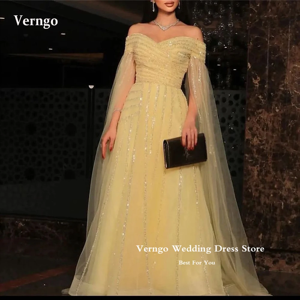 

Verngo Sparkly Sequin Tulle Prom Dresses Off the Shoulder Long Cape Sleeves Glitter Dubai Arabic Women Evening Gowns Formal