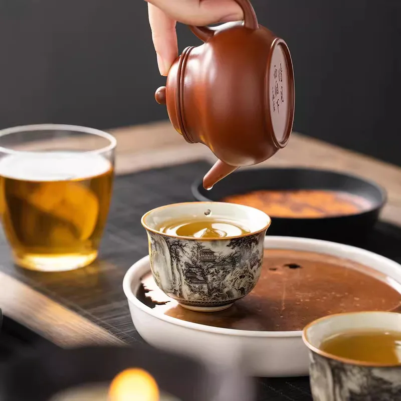 Ru Kiln Ink Пейзаж Круглая чашка-штатив Чашка Персональная специальная чашка Master Cup