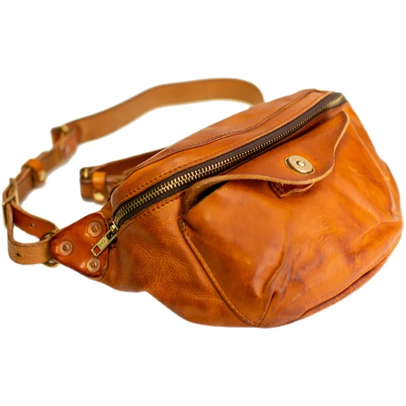 Retro luxury designer natural genuine leather men's fold messenger bag summer outdoor sports lightweight real cowhide chest bag