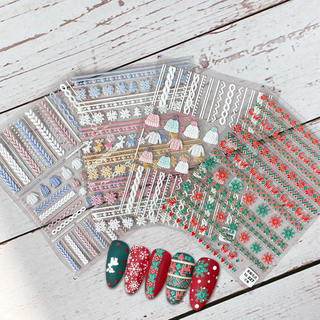 

Cute Sweater 5D Acrylic Embossed Nail Stickers Snowflake Floral Christmas Element Water Decal Nail Sliders For Manicure Decor