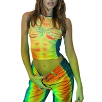 women clothing summer polyester casual tie dyed print camisole yellow round collar bodycon cropped tank tops s m l