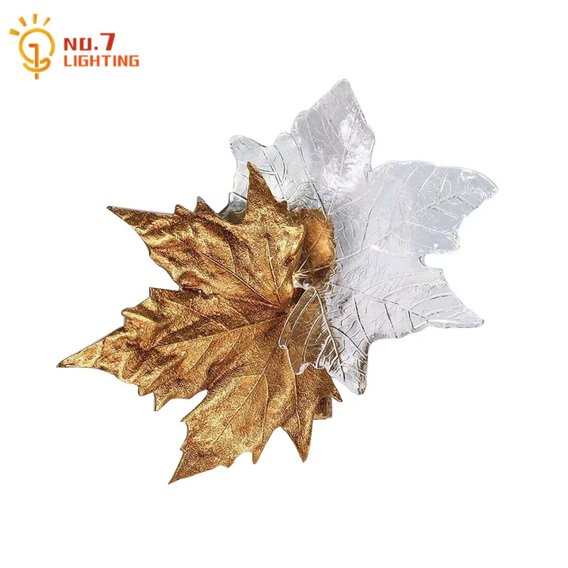 Modern Simple Copper Maple Leaves Crystal Wall Lamp Led Indoor Lighting for Bedroom Bedside Decoration Background Study Reading