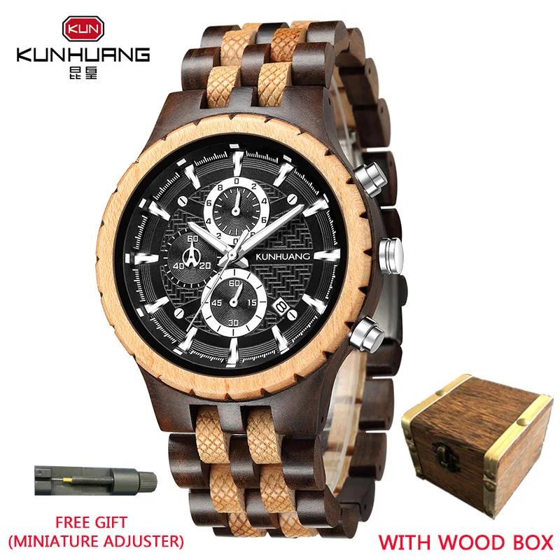 

Dropshipping KUNHUANG Manual Wooden Mens Watches Top Brand Luxury Sports Chronograph Wooden Quartz Watch Men Relogio Masculino