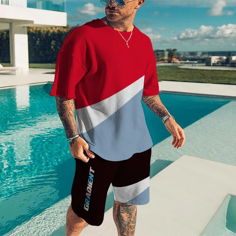 Summer Men's Casual Beach Shorts Set 3D Printed Color Digital Striped Crew Neck Street Short Sleeve Large Size Two-piece Set