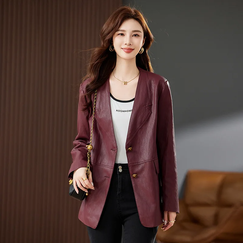 Women's Fashionable Autumn Casual Elegant Western-style Leather Jacket Long Sleeve PULeather For High-end Clothing