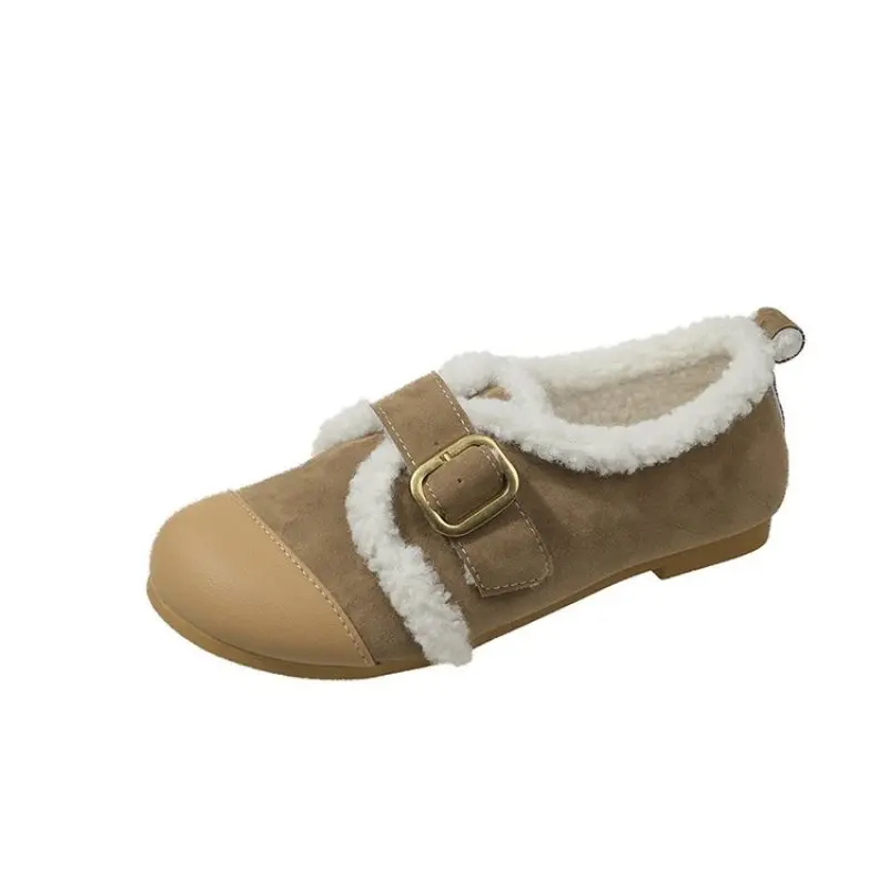 Женские ботильоны с круглым носком на плоской подошве меховой пряжкой