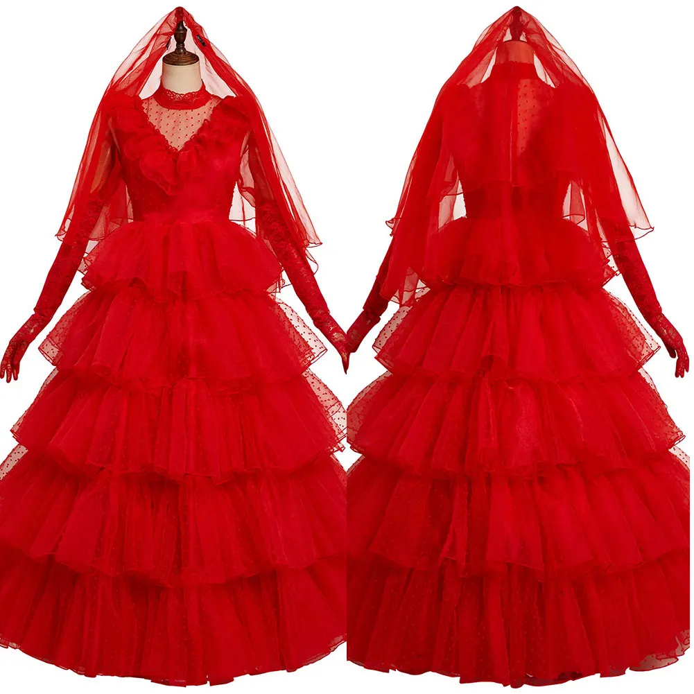 Disfraz de Cosplay de la película Beetle Juice Lydia, traje de boda rojo, traje de Carnaval de Halloween