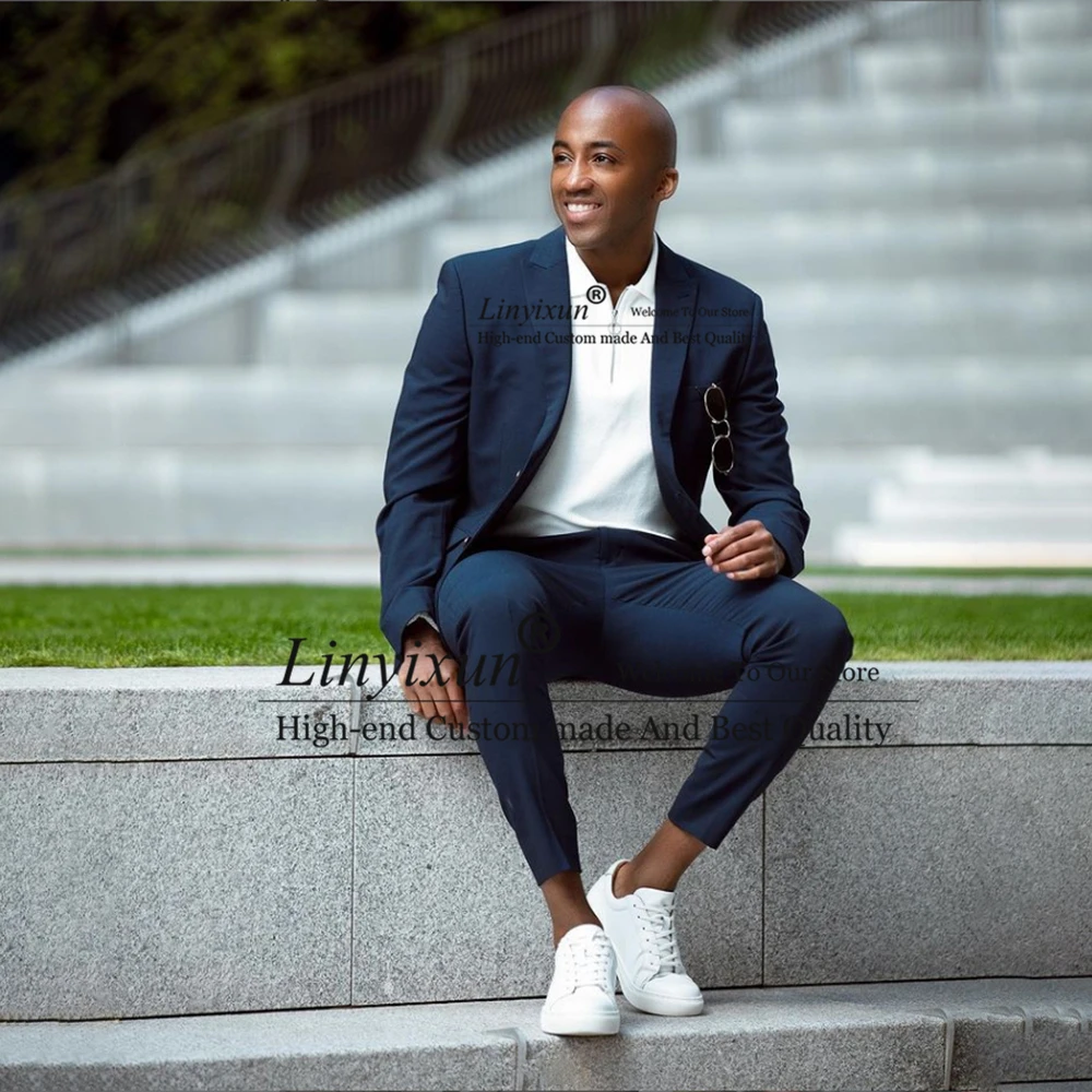 

Classic Navy Blue Mens Daily Suits Formal Business Blazer Slim Fit Wedding Groom Tuxedo 2 Piece Set Terno Masculino Jacket Pants