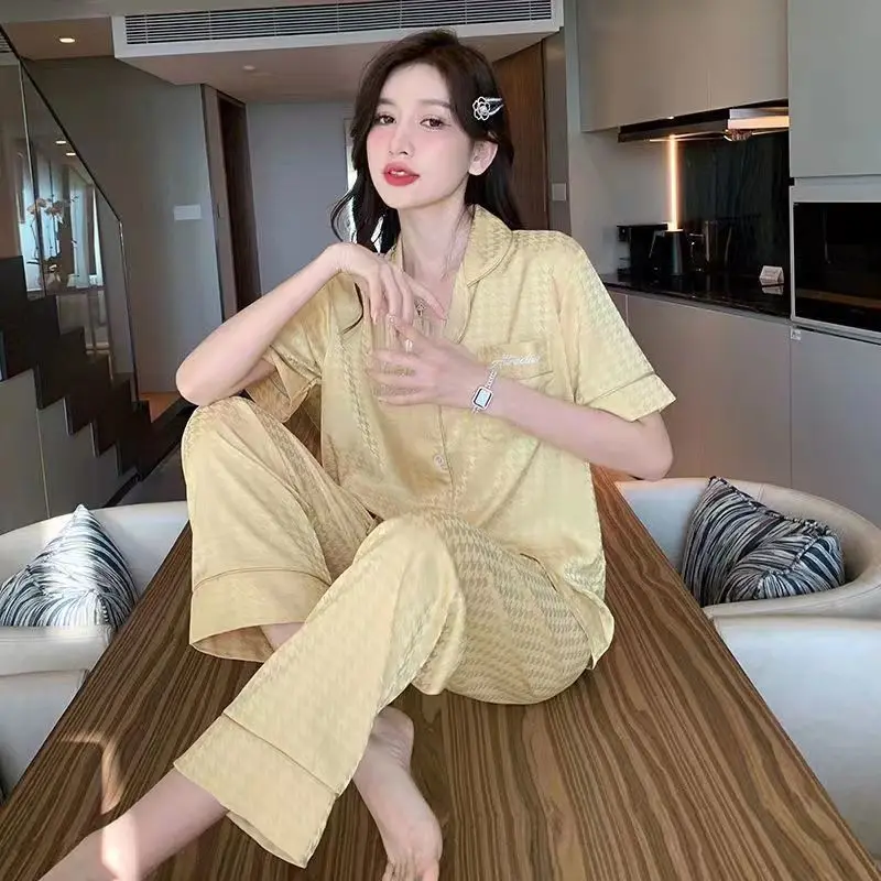 1 Ice silk pajamas, Ms. Summer new long-sleeved pants sexy women in the spring and autumn silk two-piece household to take