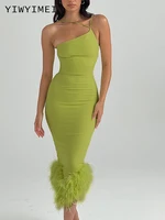 women feather splicing vest dresses 2022 hip wrap sexy dress female fashion party bodycon long robe green