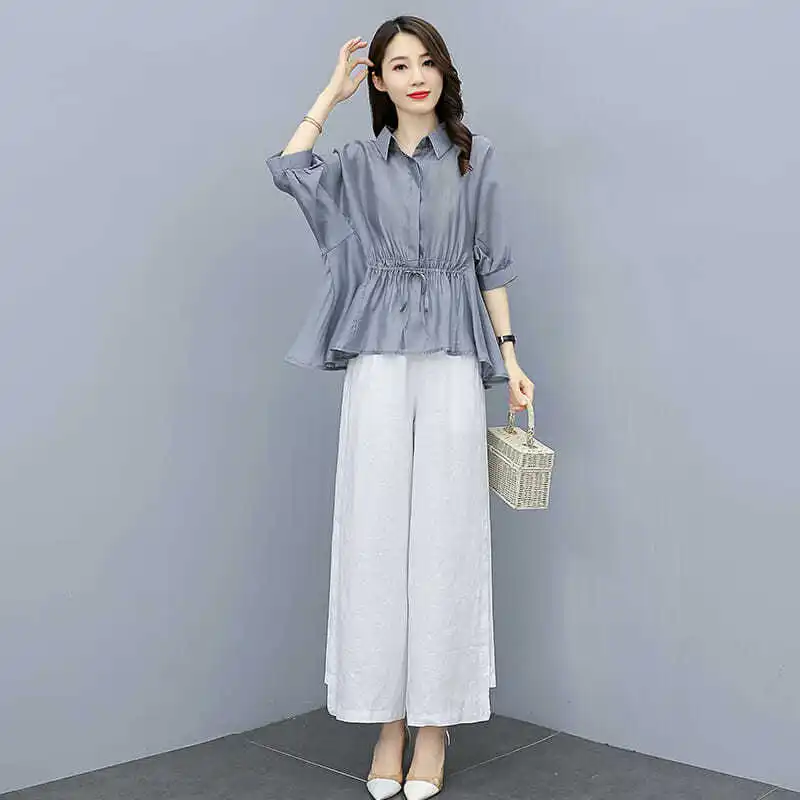 

Women 2022 Spring Summer New Cotton Linen Suits Female Solid Color Loose Shirts + Long Wide-leg Pants Ladies Two-piece Sets O15