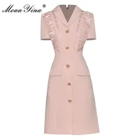 MoaaYina Fashion Designer dress Summer Women Dress Notched Short sleeve Ruffle Single-breasted Slim Pink Short Dresses