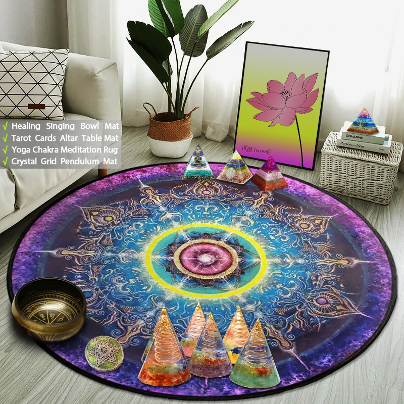 

Hexagram Mandala Round Rug Pagan Buddhist Yoga Room Meditation Mat Bedroom Carpet Astrology Crystal Singing Bowl Tarot Card Pads