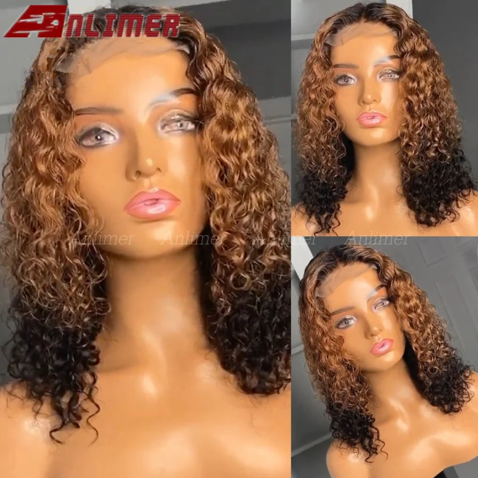 

Jerry Curly Highlight Brown Lace Front Wig Deep Wave Short Bob Frontal Human Hair Wigs Brazilian Pre Plucked V Part 180% Density