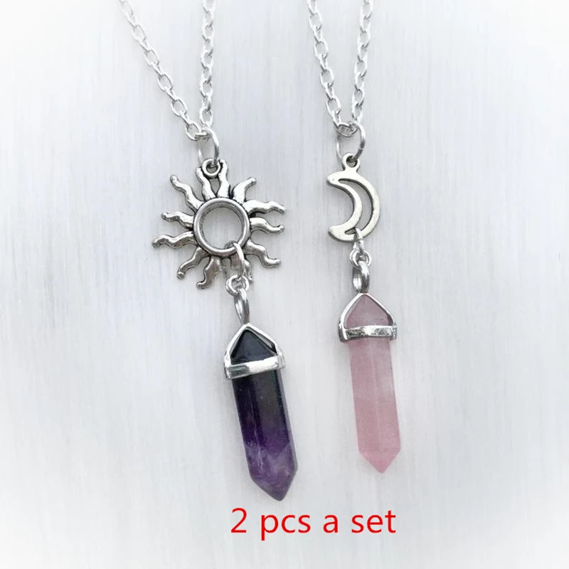 

2PCS Natural Stone Hexagonal Column Crystal Pendant Sun and Moon Charm Best Friends Jewelry Purple Pink Bullet Stone Women Gift