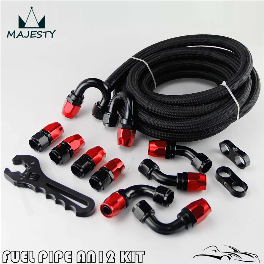 

AN12 Stainless Steel Braided Hose line +Fitting Adaptor+Wrench Tools Spanner kit Black