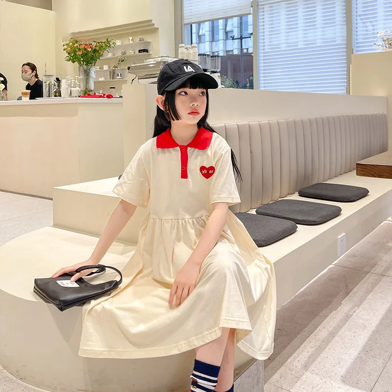 

Summer Dress for Girls 2023 New Beige Short Sleeve Loose Casual Teen School Kids Princess Dress 10 12 13 Years Children Clothes