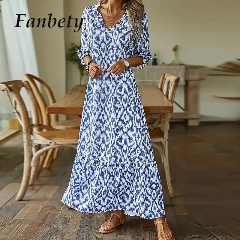 

Female Autumn Boho Loose Beach Maxi Dress Women V-Neck Chic Vintage Printed Party Dresses Lady Wrist Sleeve A-Line Dress Vestido