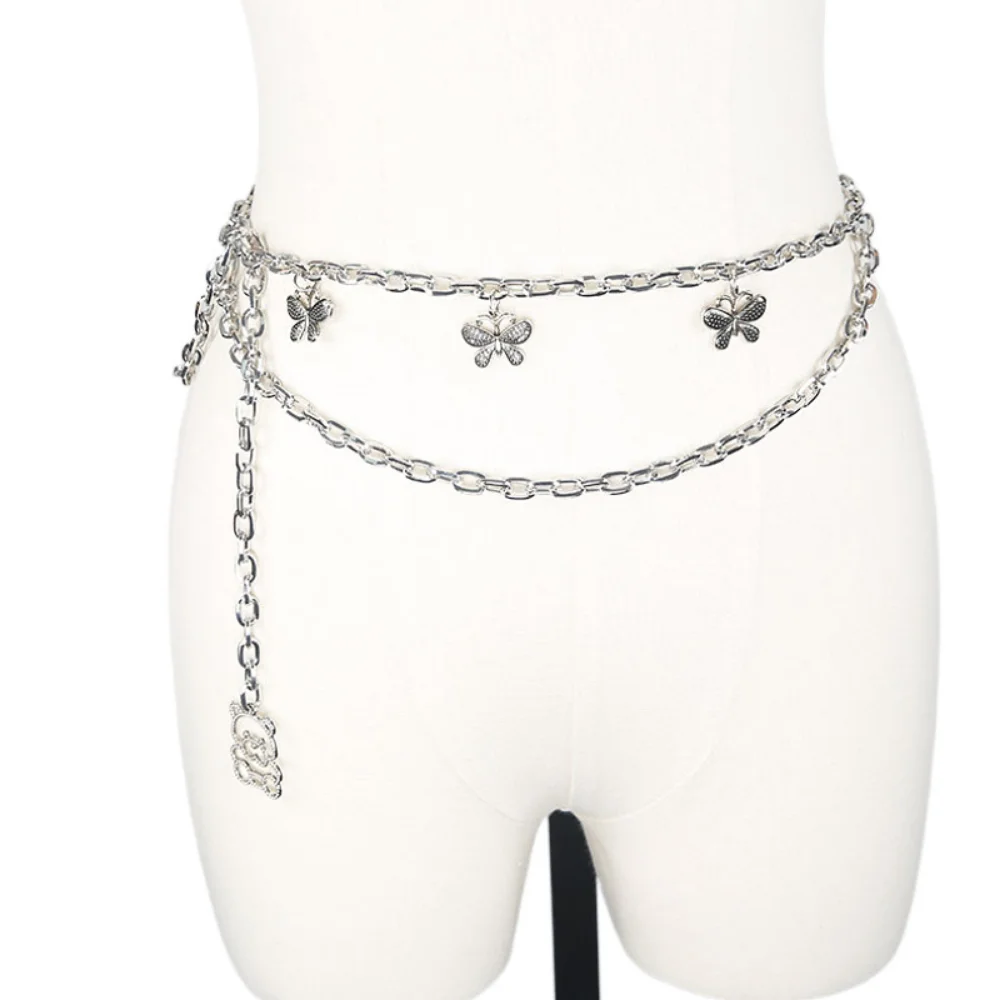 Multilayer Thin Long Belt for Women Elegant Silver Metal Body Chain Apparel Dress Decor Adjustable Female Waist Bands Straps