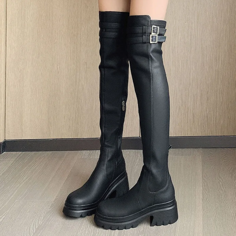 

Dilalula Autumn Winter Women Over The Knee High Boots Platforms Punk Style Buckle Genuine Leather Thick Heels Shoes Woman