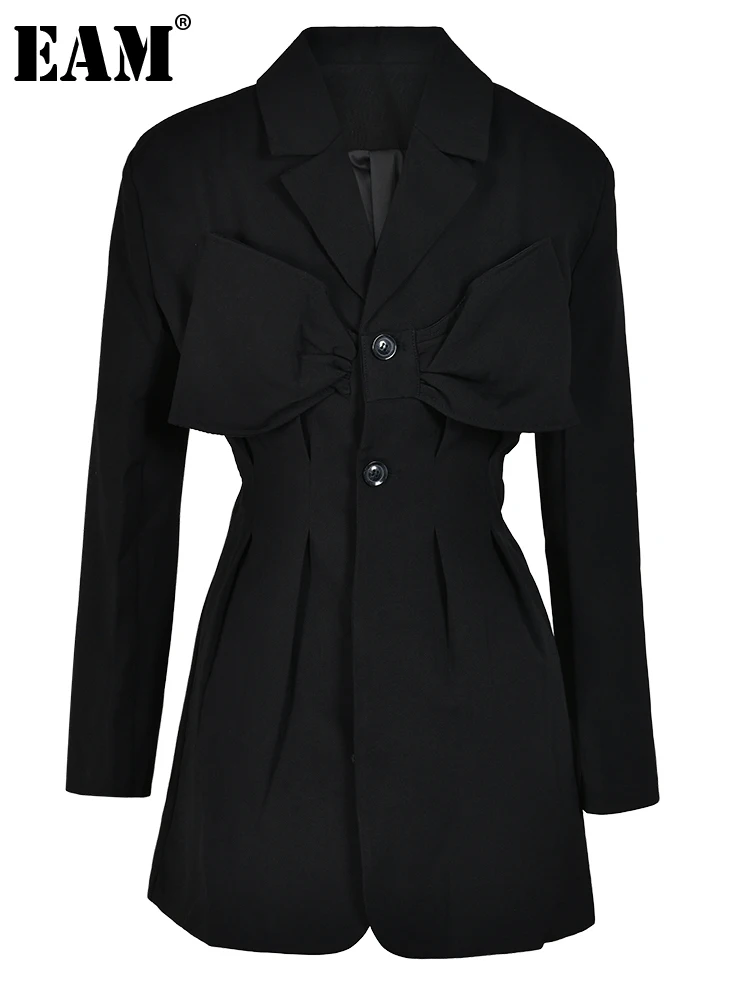 

[EAM] Women Black Bow Pleated Elegant Blazer New Lapel Long Sleeve Loose Fit Jacket Fashion Tide Spring Autumn 2023 CP1954