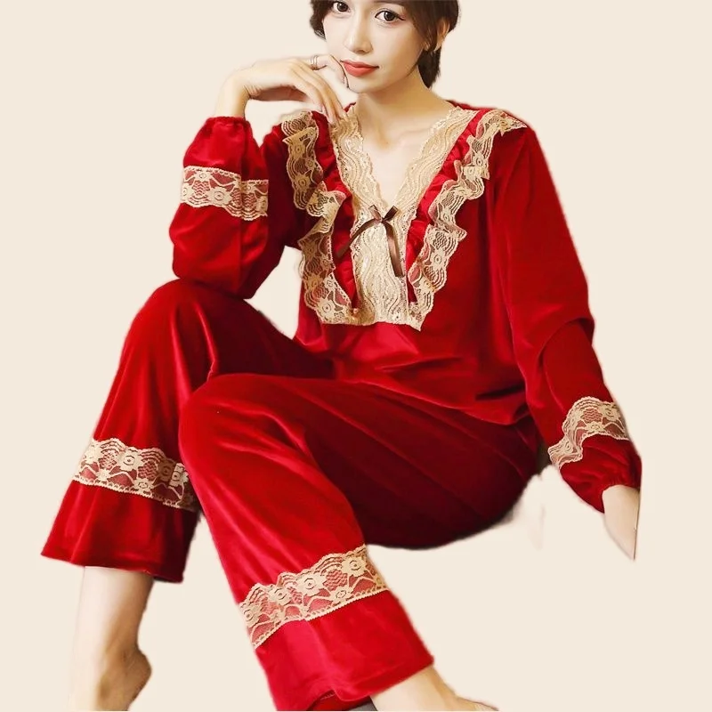 Women's Pajamas Set Soft Velvet Lace Bow Pyjama Homewear Cozy Spring Sexy Leopard Print Sleepwear Big Size 2PCS/Set Femme Pjs