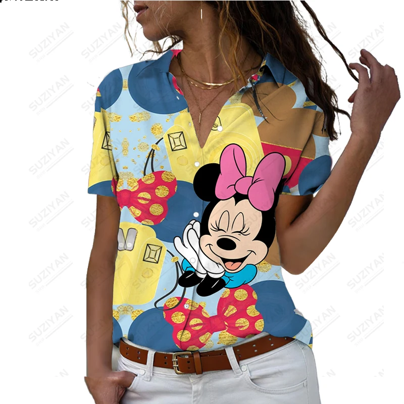 

Summer Disney Shirt Short Sleeve Button Style Cardigan Top 3D Printed Casual Harajuku Comfortable V-Neck Large Rainbow Mickey