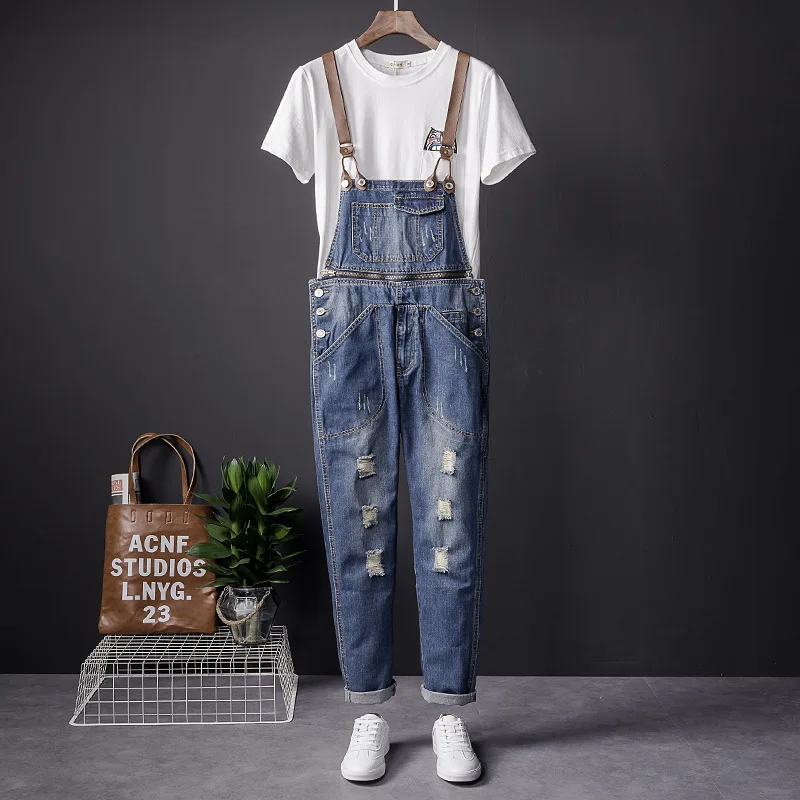 

American Style Overalls Suspenders Jeans Men and Women Washed Blue Worn Jeans Detachable Split Suspenders Korean Fashion Jeans