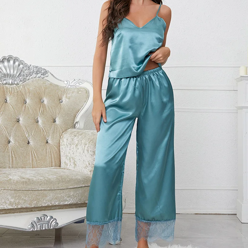 New Suspenders Wide Leg Pants Ice Silk Pajamas Women's Silk Suspenders Home Clothes 3002