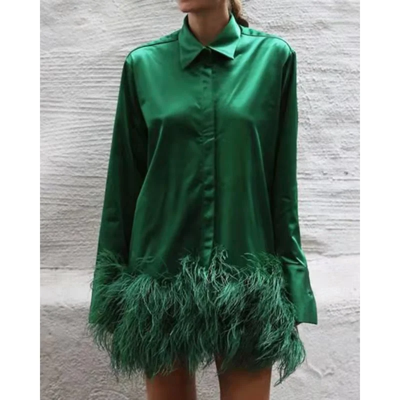 

Fashion Patchwork Fuzzy Feather Shirt Dress Women Long Sleeve Elegant Mini Dresses Casual Turn-down Collar Solid Green Dress