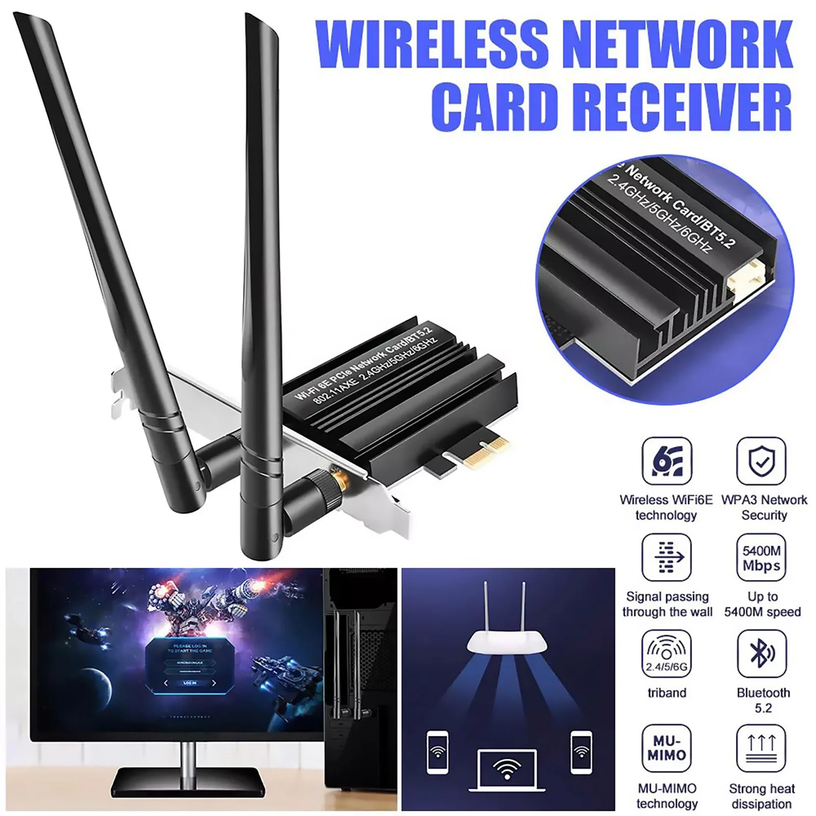 Фото Игровой адаптер PCI-E Wi-Fi 6E для Intel AX5400 PCIe, беспроводная сетевая карта Bluetooth 5,2 2,4 ГГц/5,8 ГГц/6 ГГц 802.11AX для Win11/10 №1