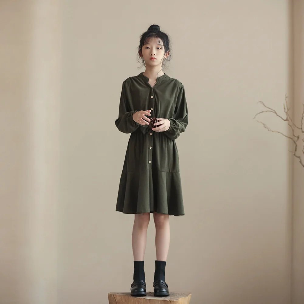 

Детское однобортное хлопковое платье до колен, с бантом и V-образным вырезом