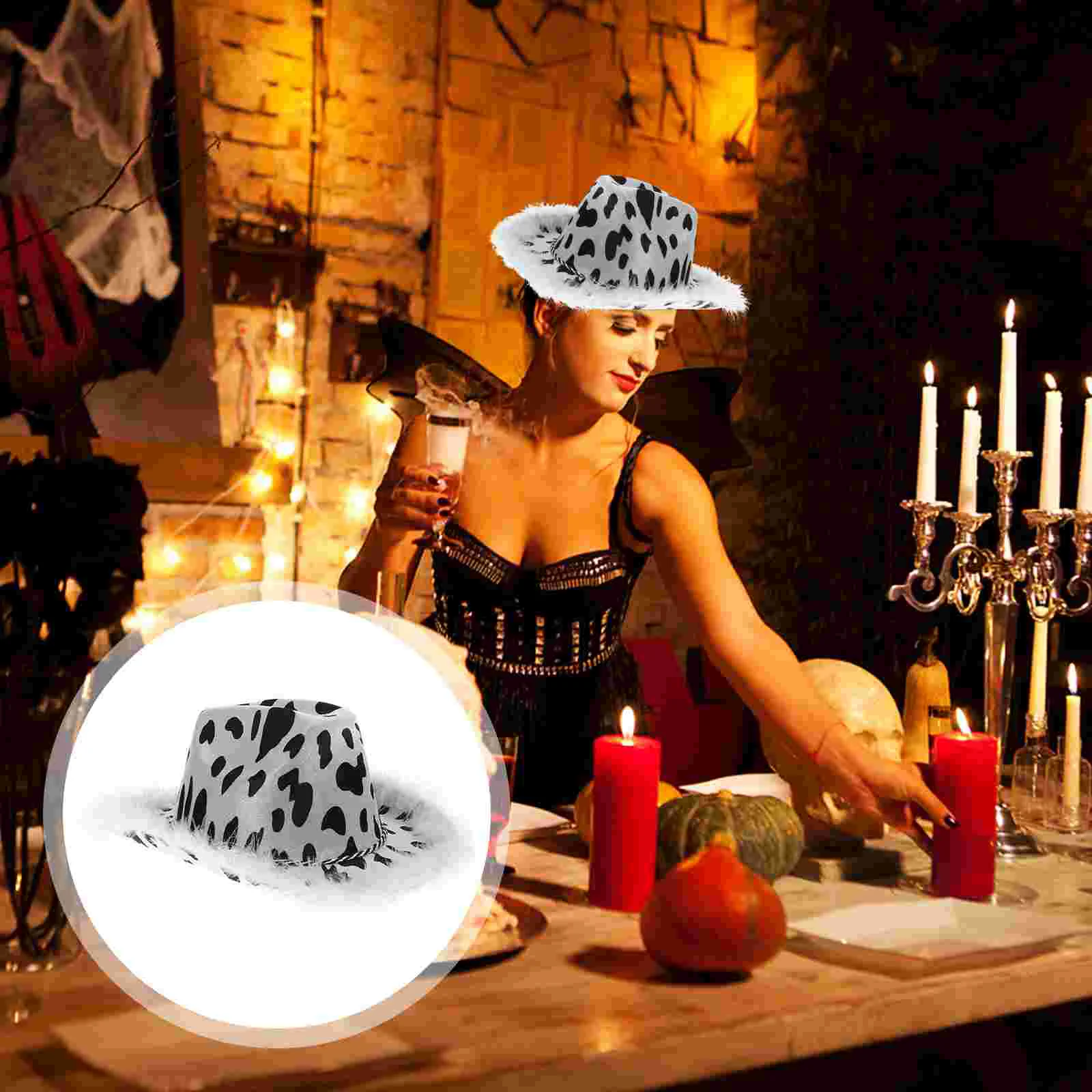 

Cows Pattern Cowboy Hat Props Performance Costume Accessory Dress Up Headdress Masquerade Party Printed Outfits Women