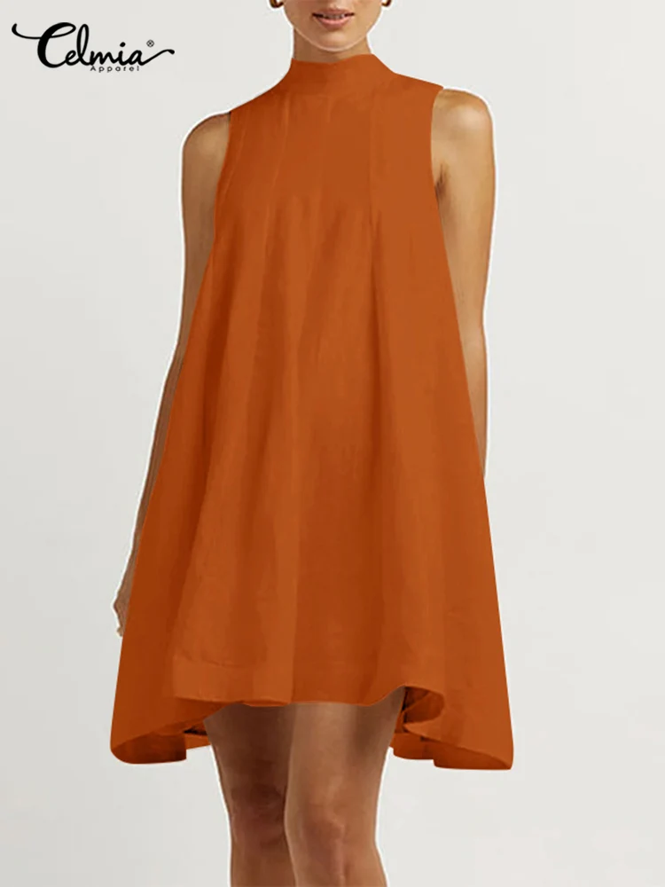 

Женский бандажный сарафан с высоким воротником Celmia, модное мини-платье, летнее платье-трапеция без рукавов, уличная одежда, однотонный плис...