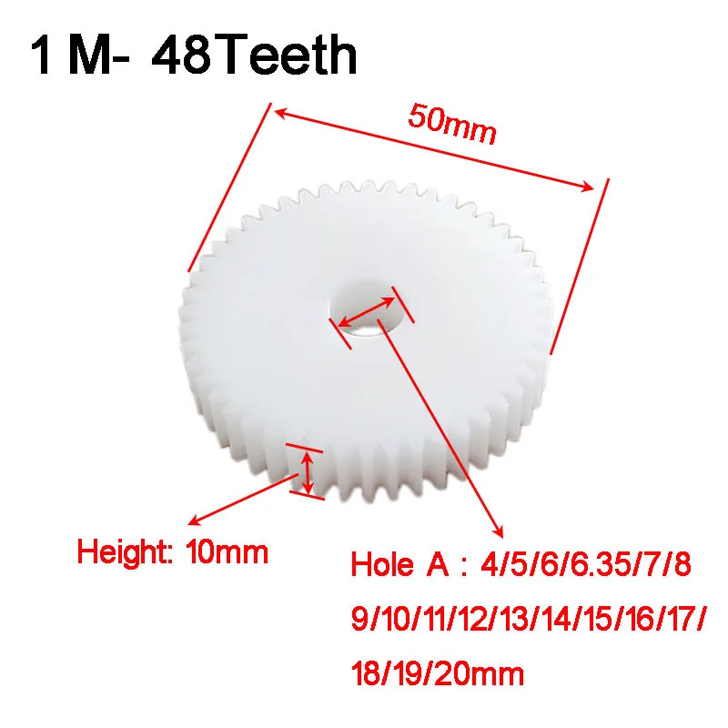 1M 48 Teeth Gear OD=50mm Thickness 10mm Plastic POM Cog Wheels 48T Customized Holes