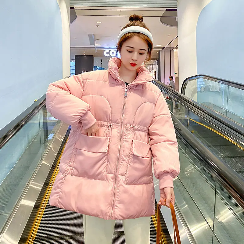 Winter Warm Overcoat Thick Outwear TopCasual Parka Mid-length Cotton Padded Stand Collar Loose Women Coat Zipper Pockets S55