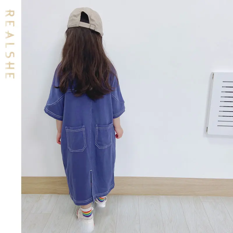 

2023 New Girls Summer Dress Short-Sleeved Dress A Line Dresses Solid Vestidos Children'S Clothing Baby Kids ClothesC01