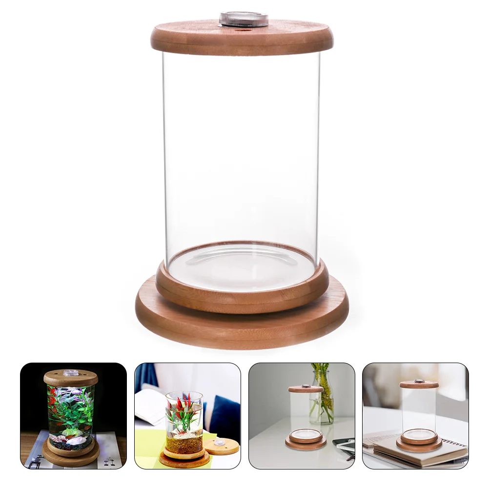 

1pc Glasss LED Fish Tank Desktop Rotating Small Aquarium with Wooden Lid Base