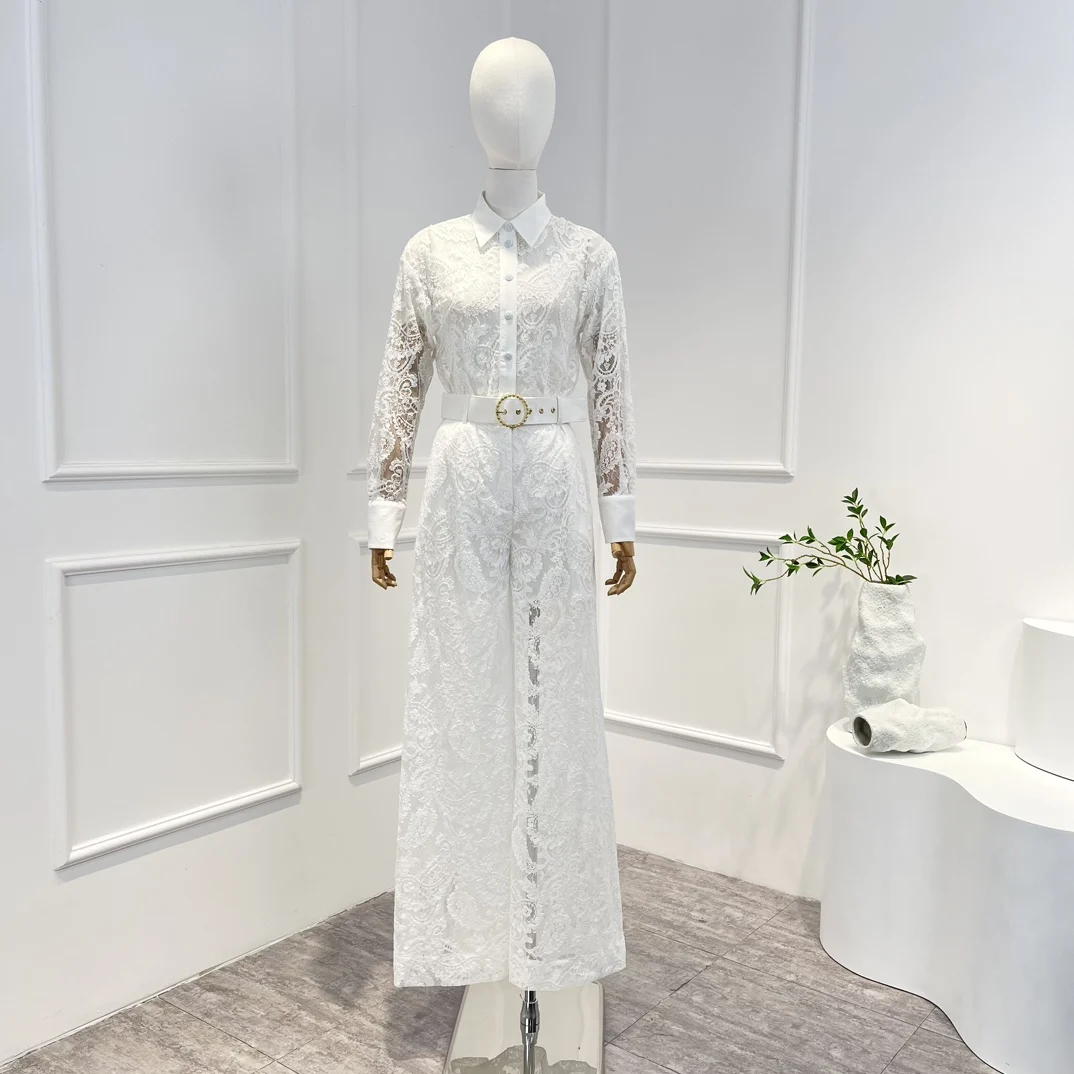 

2023 New Arrivals White Flower Hollow Out Patchwork Button Blouse Wide Leg Pants with Belt for Lady Suit