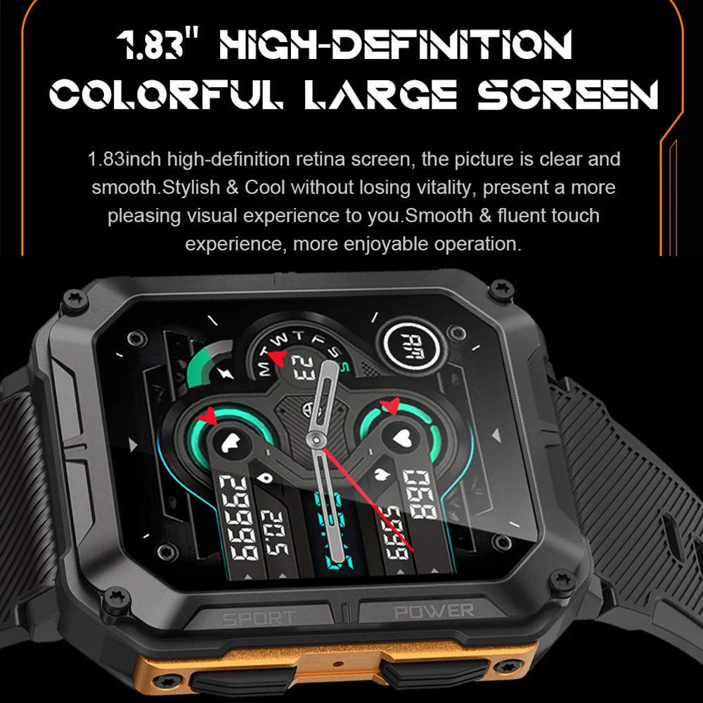 Фото Ультра умные часы C20 Pro Tank Outdoor для мужчин, IP68, водонепроницаемые, 1,83 дюйма, большой экран, Bluetooth-вызов, умные часы 123, спортивные режимы PK M2 №3
