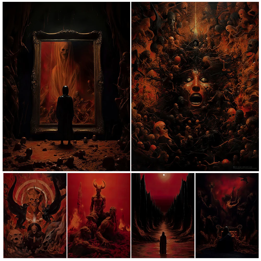 

Here Is Hell Creepy Gothic Art Poster And Print Home Decor Horror Devil And Purgatory Scene Abstract Wall Art Canvas Painting