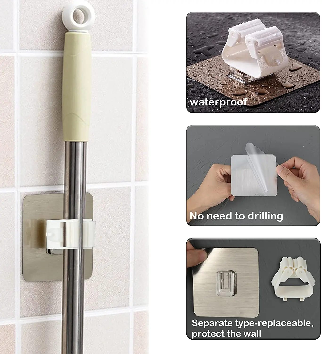 

1pcs/2pcs Mop Organizer Holder Wall Mounted Adhesive Multi-Purpose Hooks Rack Brush Broom Hanger Hook Kitchen bathroom
