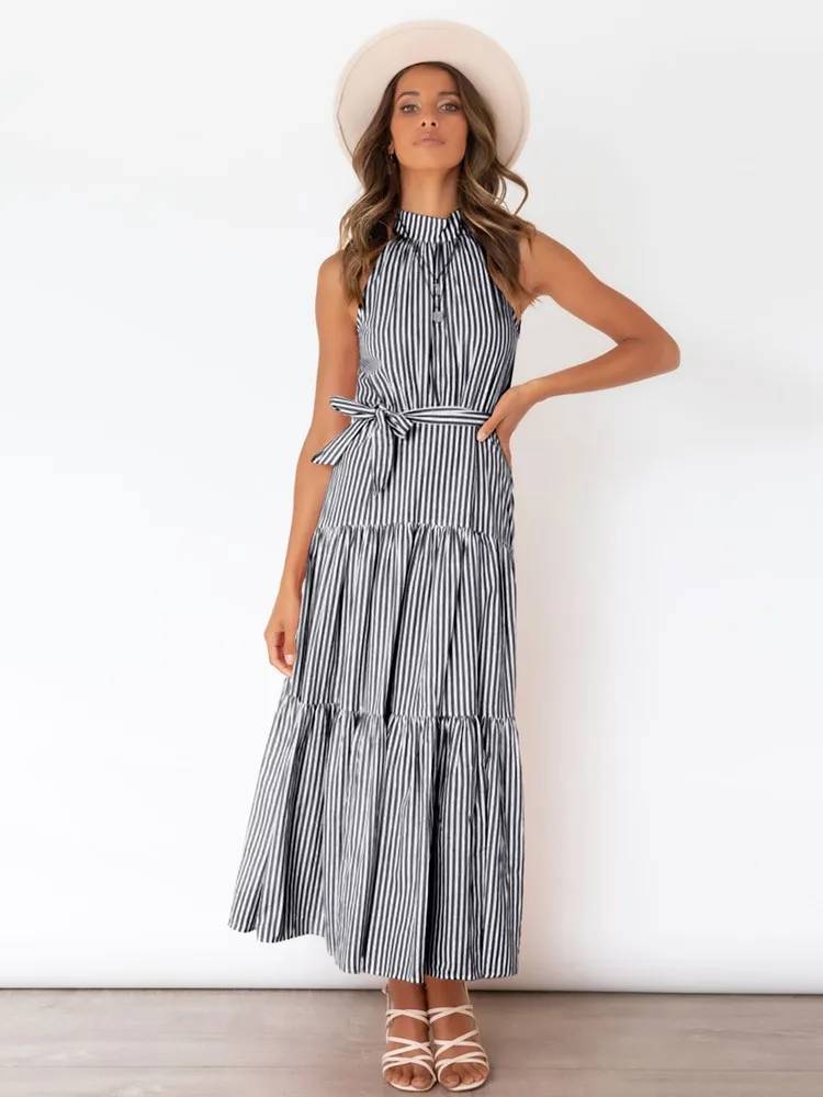 

Women's Dress Summer New Striped Halterneck Print Skirt Slim Temperament Midi Skirt Loose Elegant Dresses for Women 2022