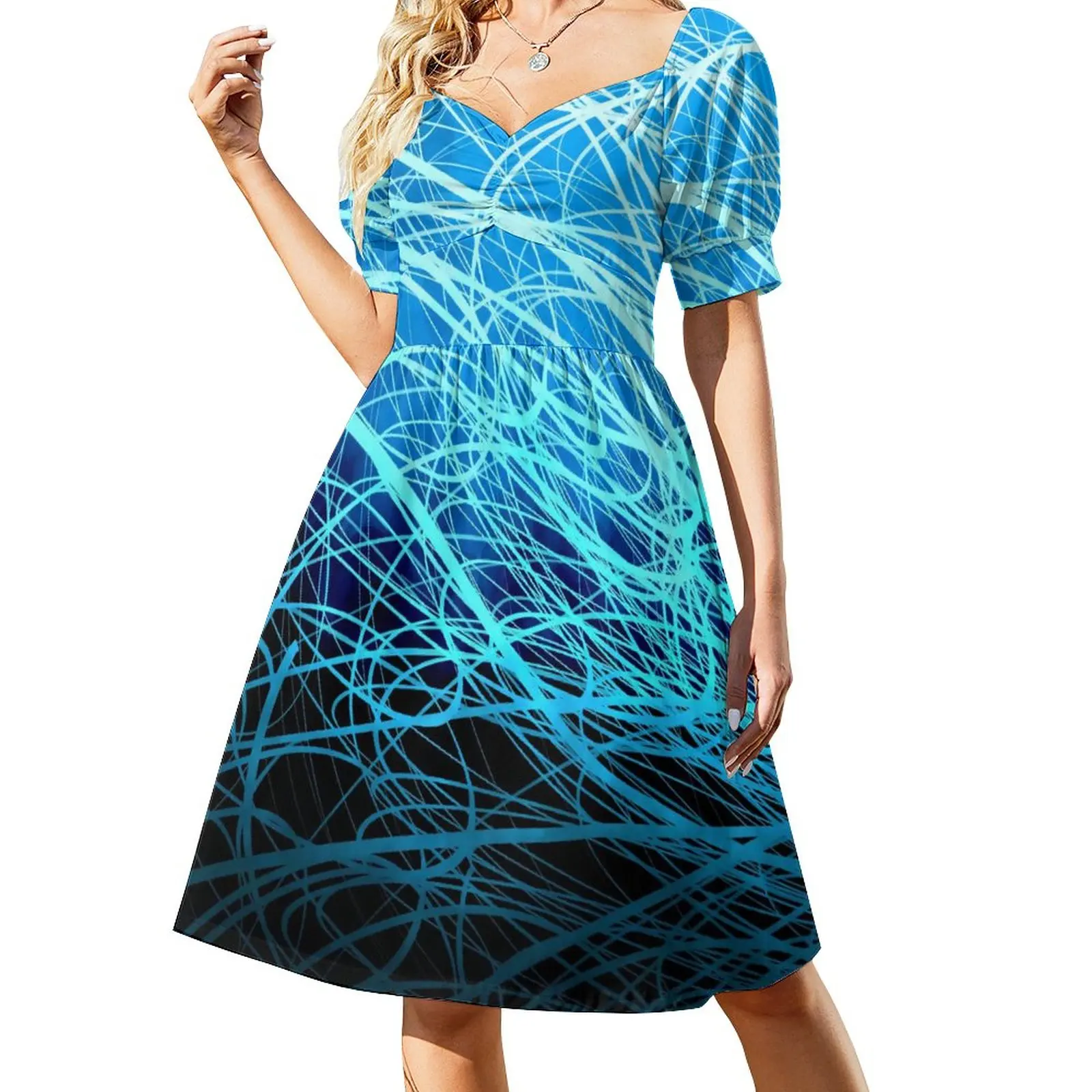

Blue Lines Dress Abstract Print Vintage Dresses Woman Short Sleeve Street Style Casual Dress V Neck Oversized Clothing