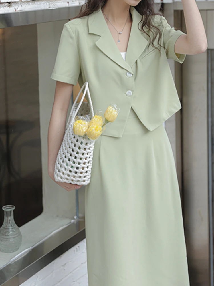 

Summer Elegant Casual Women Midi Skirts Suit Loose Jackets High Waist Saya Two Pieces Set Femme Fashion Korean Business Clothes