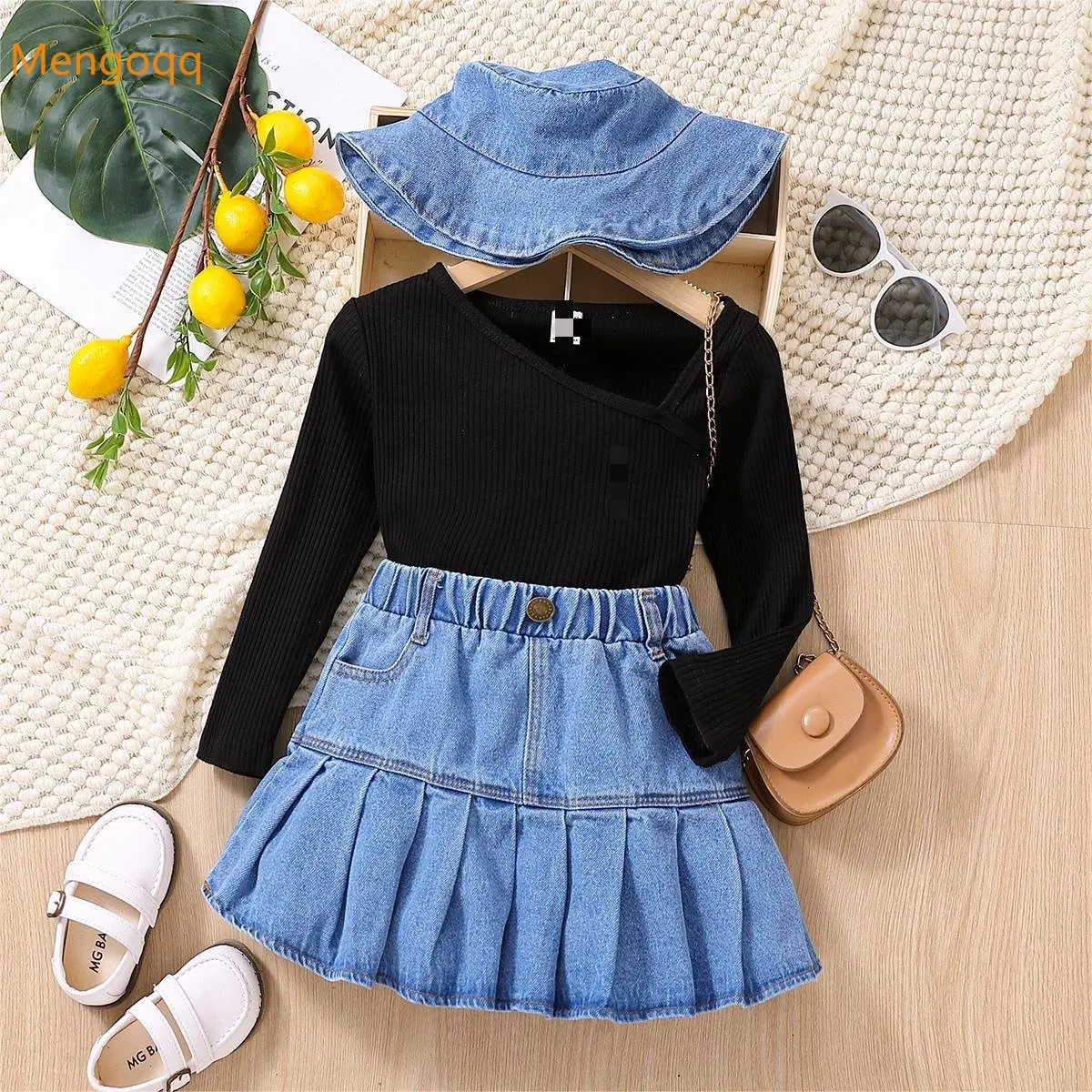

Mengoqq Kids Baby Princess Autumn Full Sleeve Top Shirts Denim Pleat Skirts Fisherman Hat Children Clothes Set 3pcs 4-8Y
