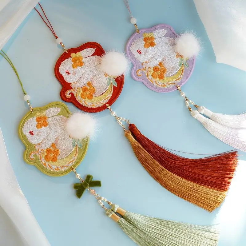 

2022 Chinese style double-sided embroidery pendant antique lovely rabbit tassel decoration forbidden hanfu accessories gift pd
