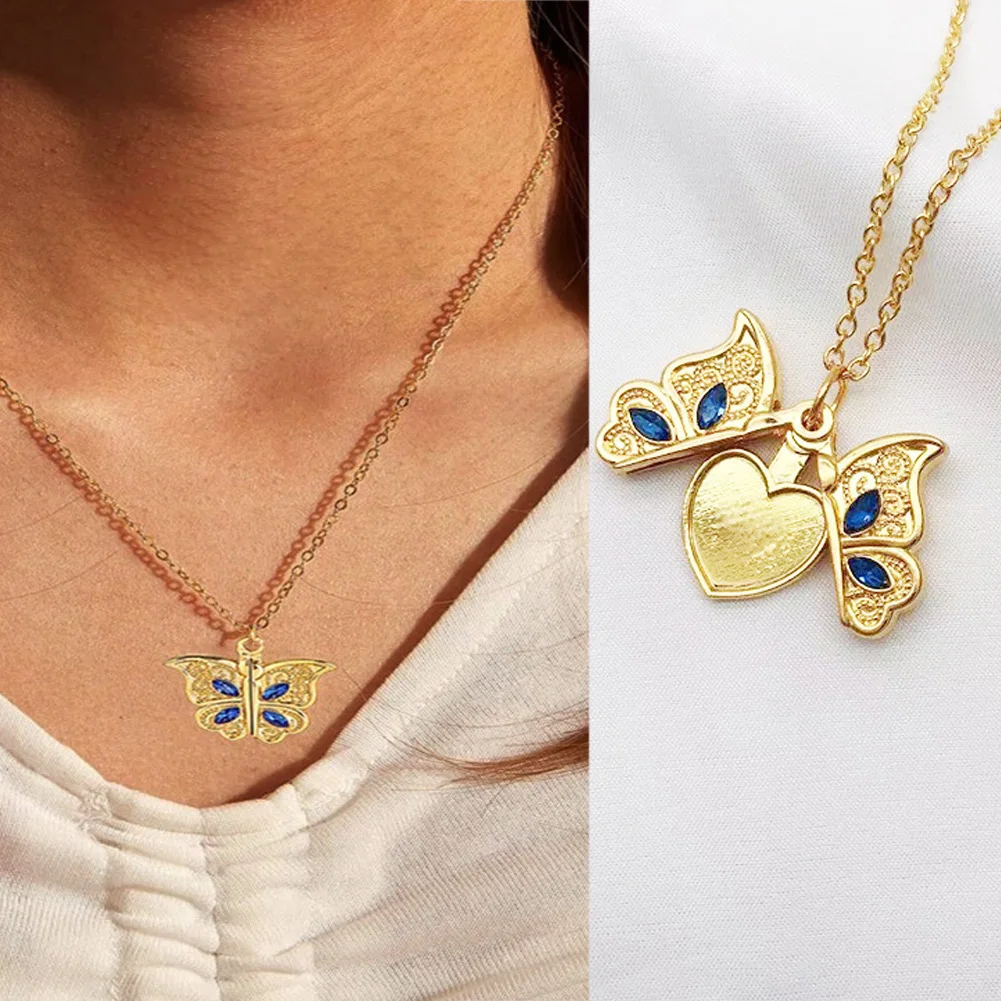 

Crystal Butterfly Pendant Necklace Love Openable Photo Box Pendant Necklace Blue Crystal Wing Necklace Memorial Gift Jewelry