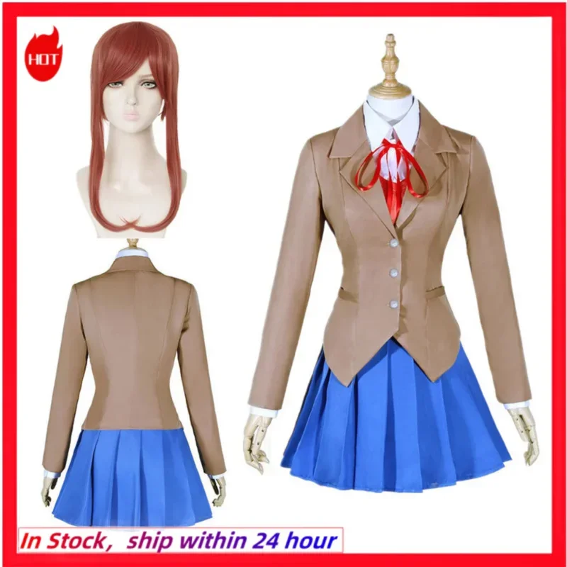 Coslan Game Doki Literature Club Monika Cosplay Sayori Yuri Natsuki Costume Wig Set School Uniform Girl Women Costa