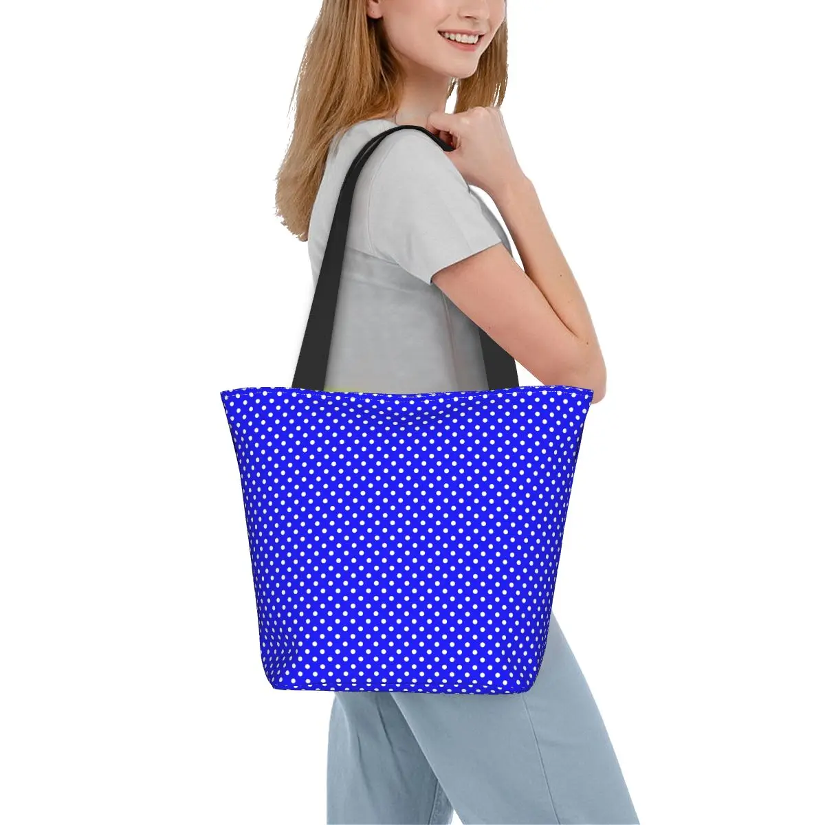 

Классическая сумка-шоппер в горошек, синие и белые сумки, женская сумка-тоут с принтом, новинка, Офисная сумка через плечо из полиэстера